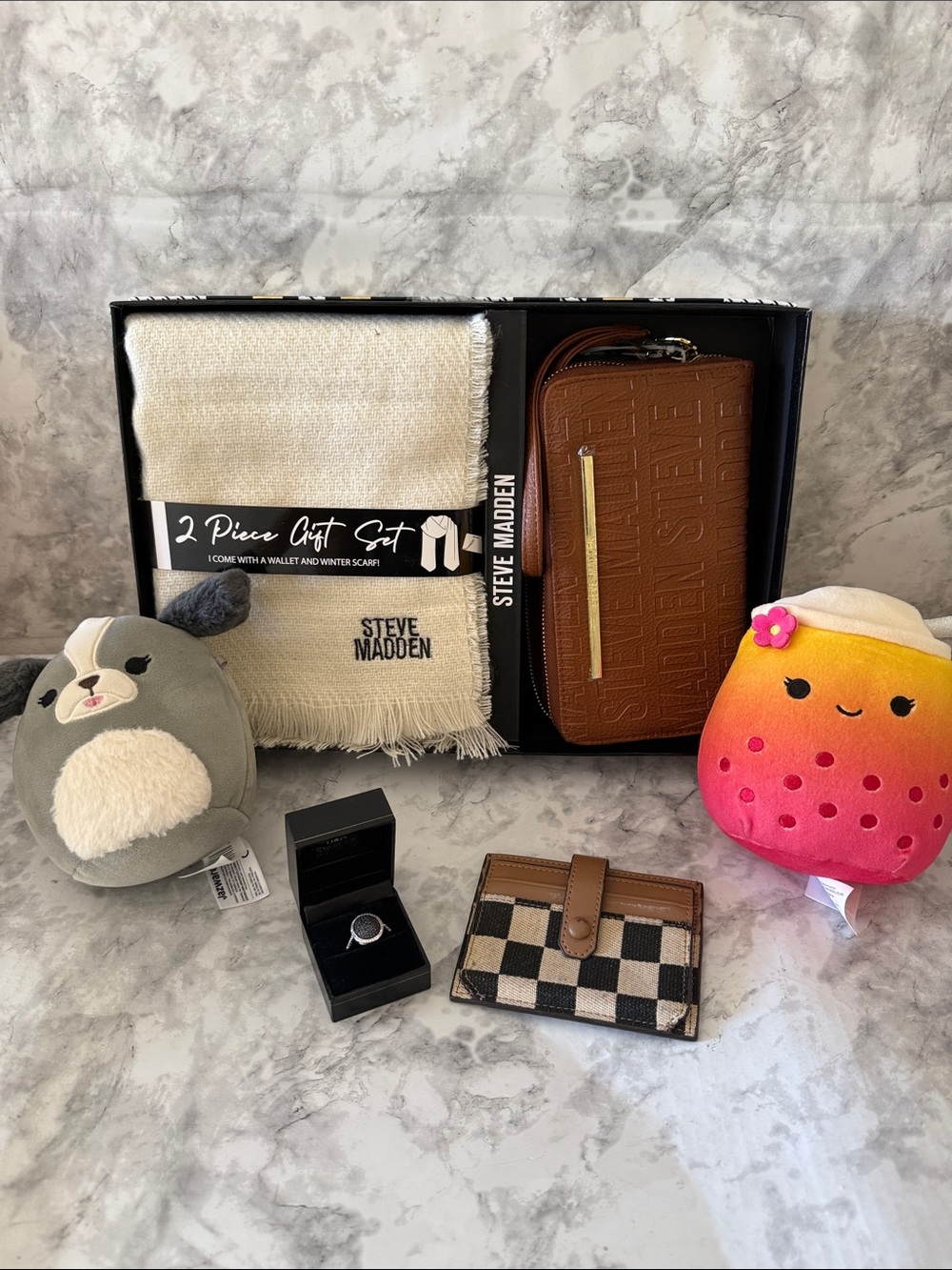 Bundle Steve Madden Cream Scarf and Brown Embossed Zip Wallet Gift Set